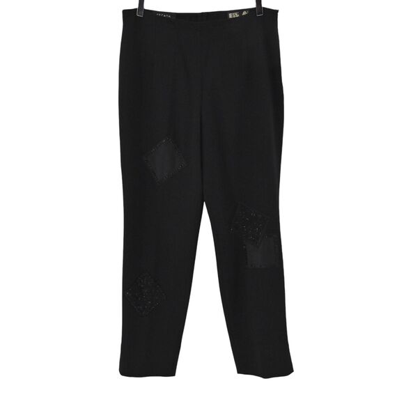 Escada Pants - ESCADA Pants Womens Sz 42 Black Wool Beaded Silk Patchwork High Rise Tapered Leg